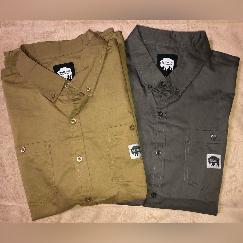2 Buffalo Outdoors Men’s Short Sleeve Button Down Work Shirt L Olive Green /Gray
